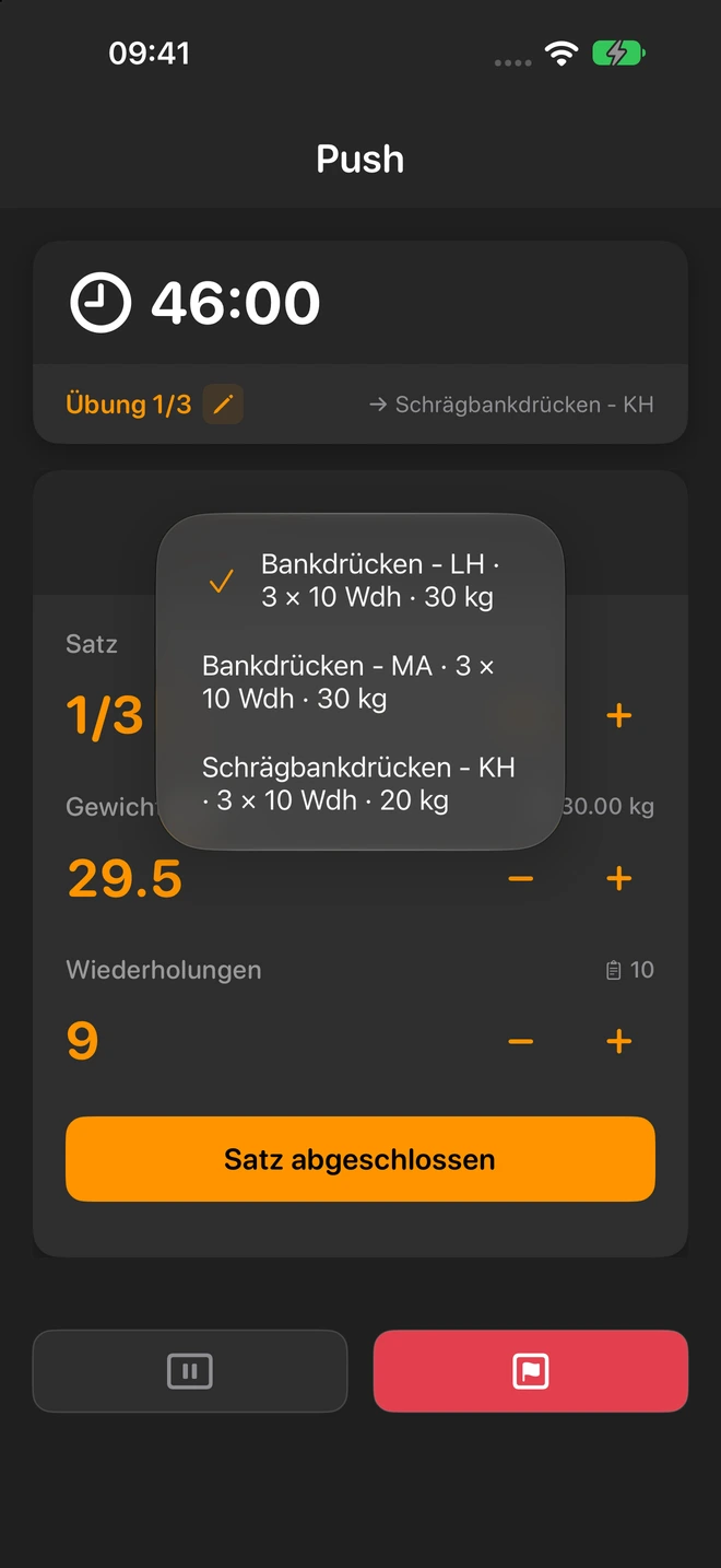 Pumpnote-Workout mit geöffnetem Auswahl-Popup für Bankdrücken und hinterlegte Ersatzübungen