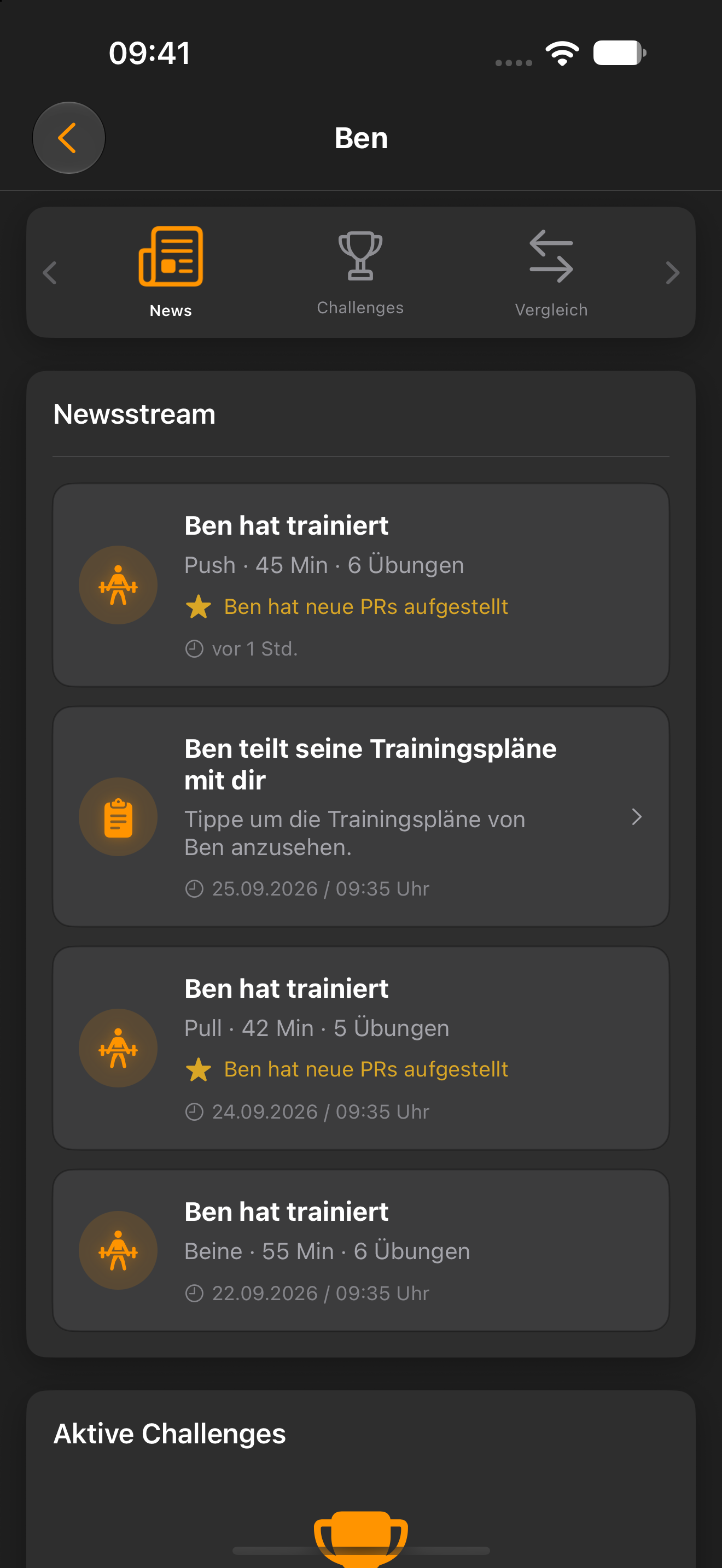 Pumpnote-Freundeansicht mit Trainingsmeldungen, persönlichen Rekorden und geteilten Trainingsplänen
