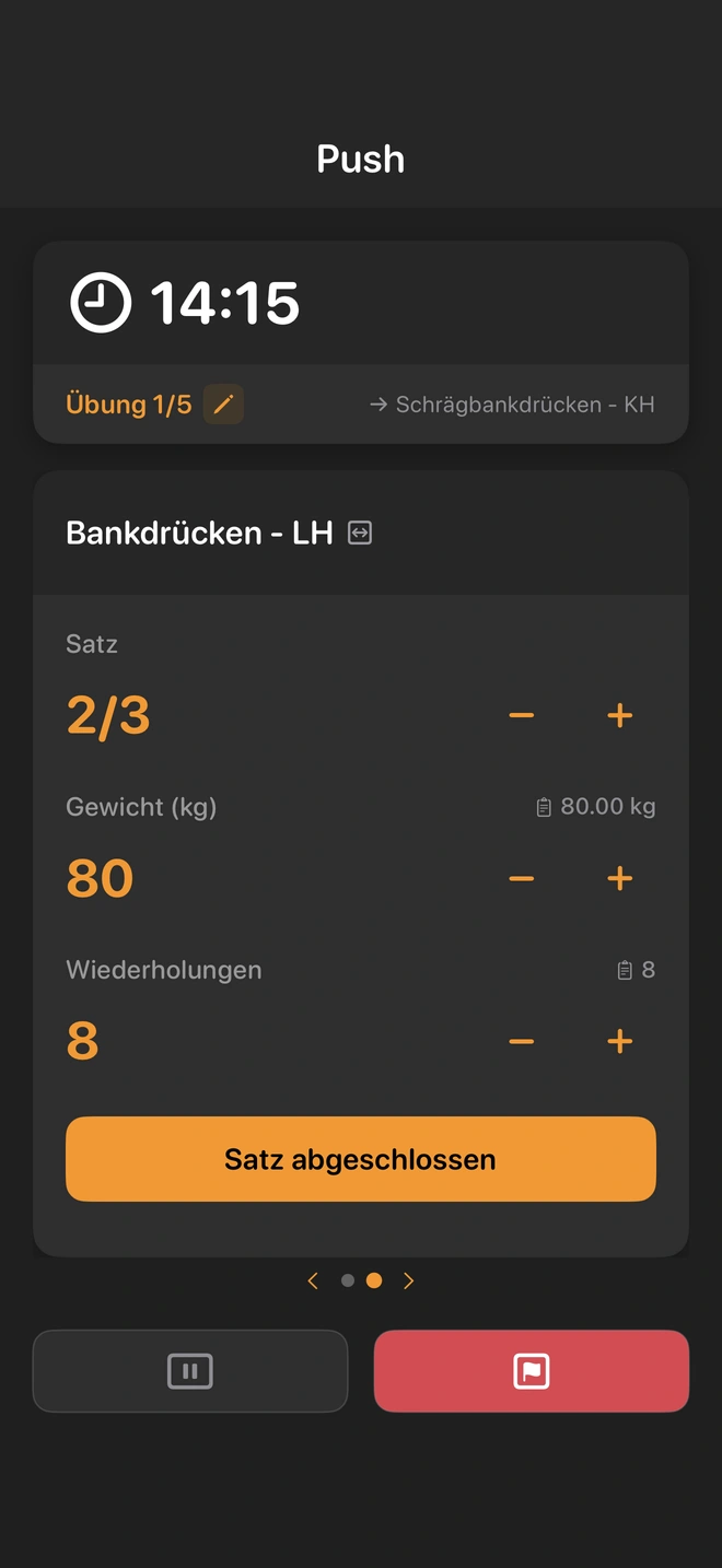 Aktives Pumpnote Workout mit Übung, Satz, Gewicht und Wiederholungen aus dem letzten Training